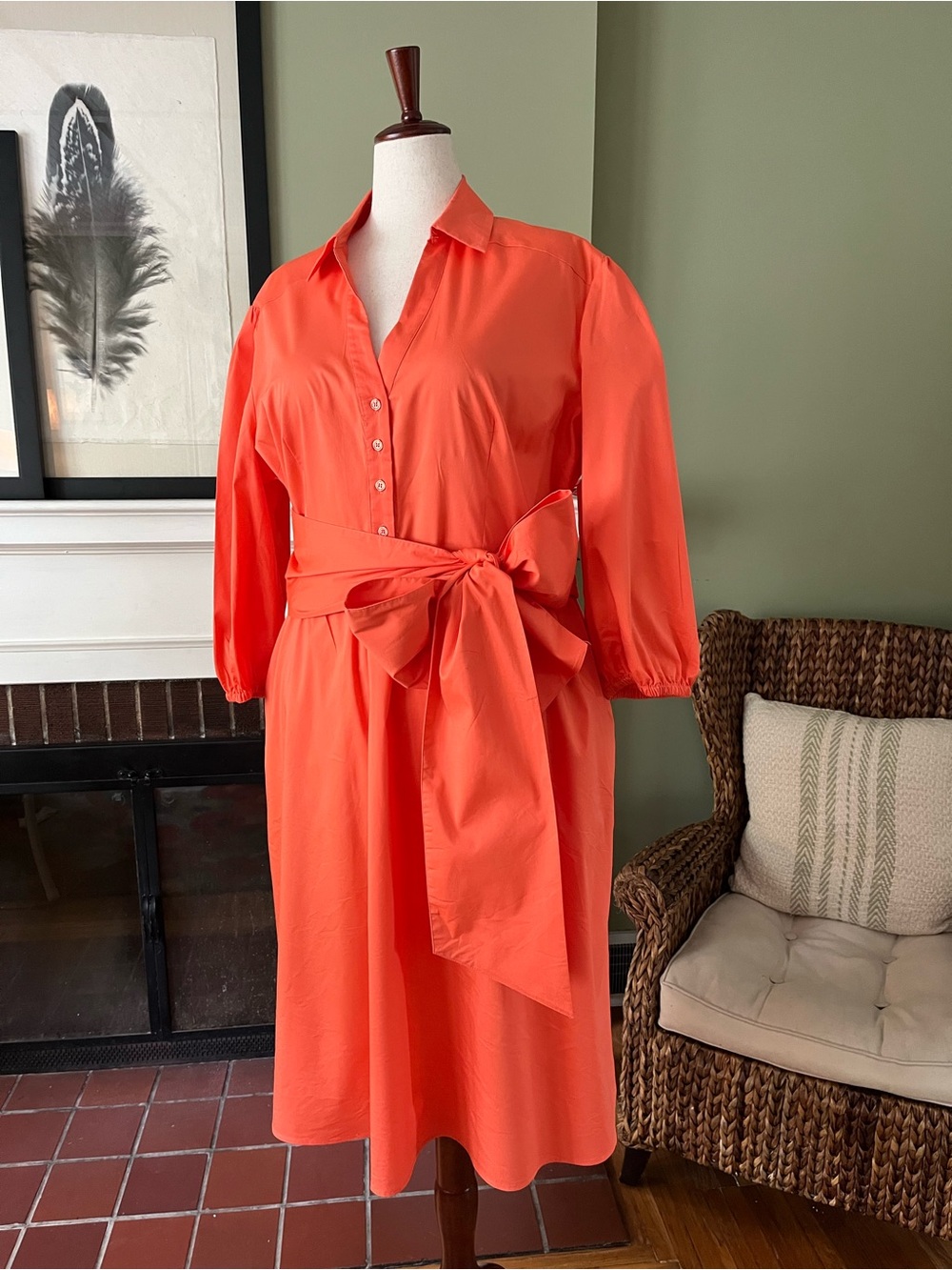 New York & Company Eva Mendes Poppy Coral Poplin Shirt Dress | Tie Waist | XXL
